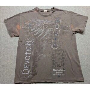 Vintage Y2K Devotion Grunge Christian All Over Print Shirt Size L Church Brown